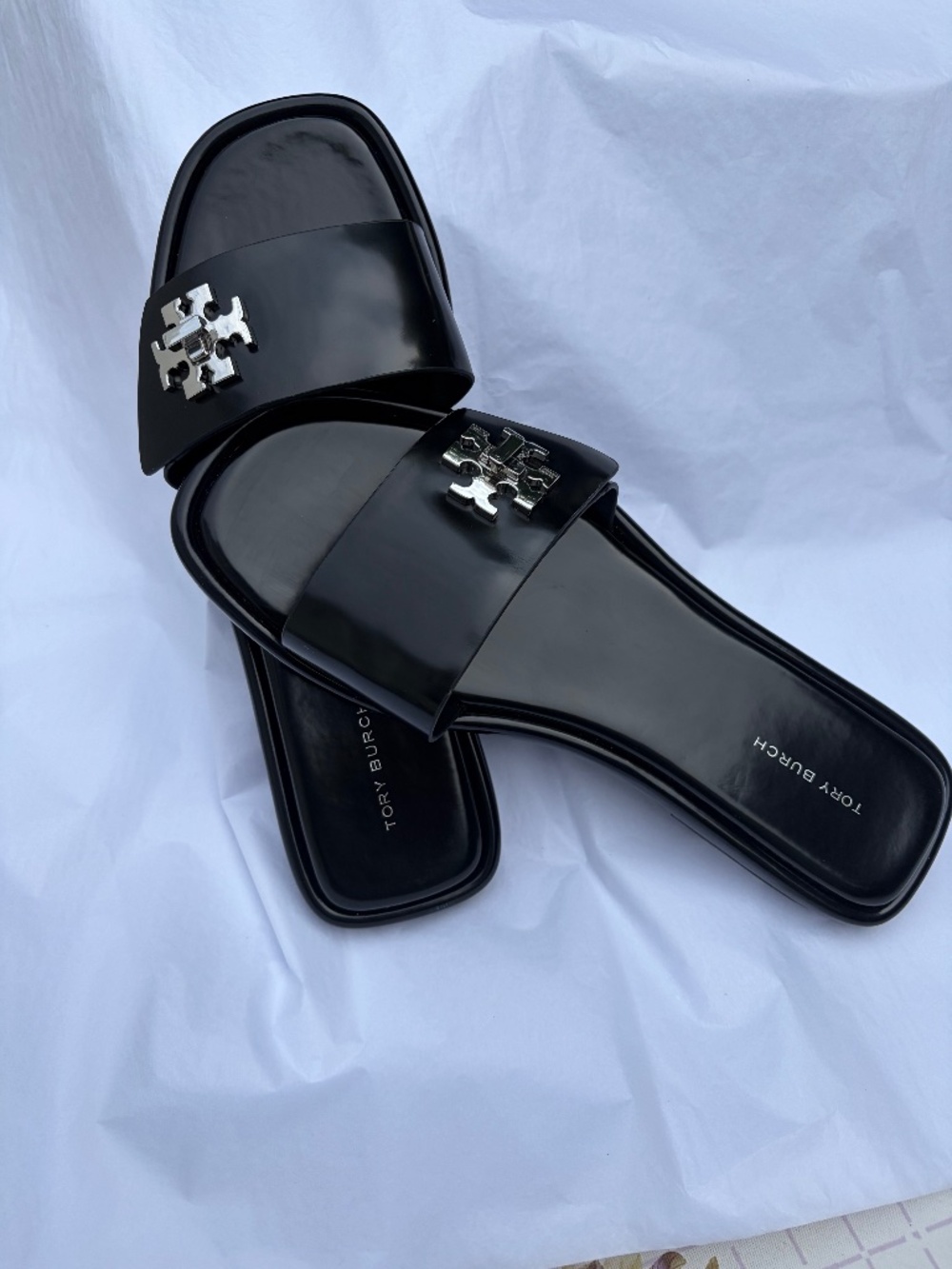 Tory Burch Turnlock Slides, Box Leather- Perfect Black Size 8